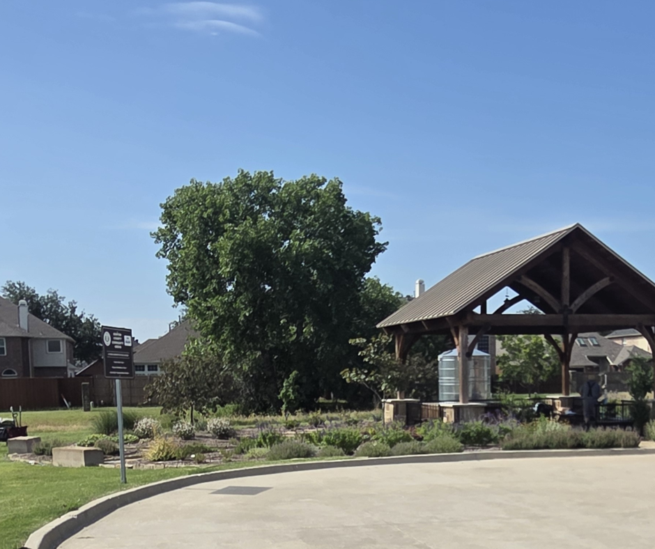 Photo of a dry creek bed for erosion control in a suburban landscape.