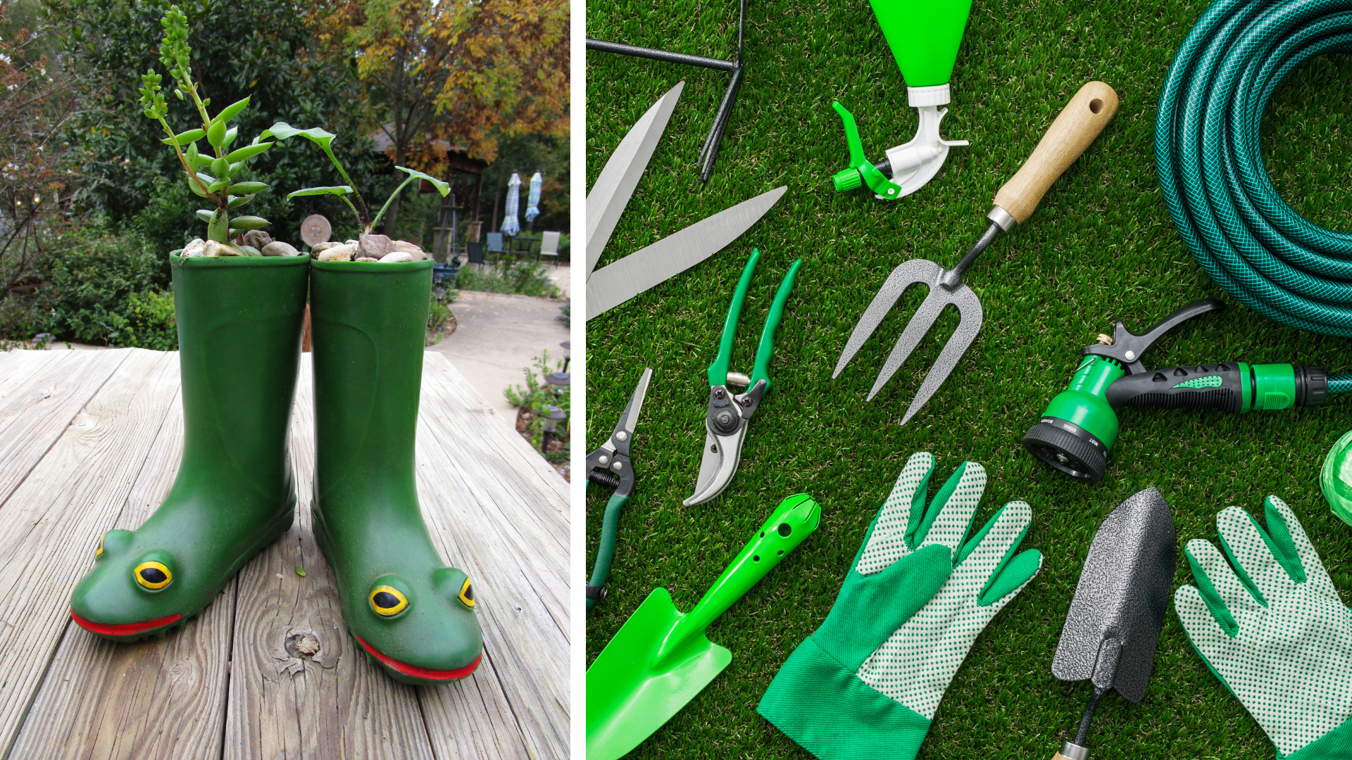 Boots with plants inside and garden tools.