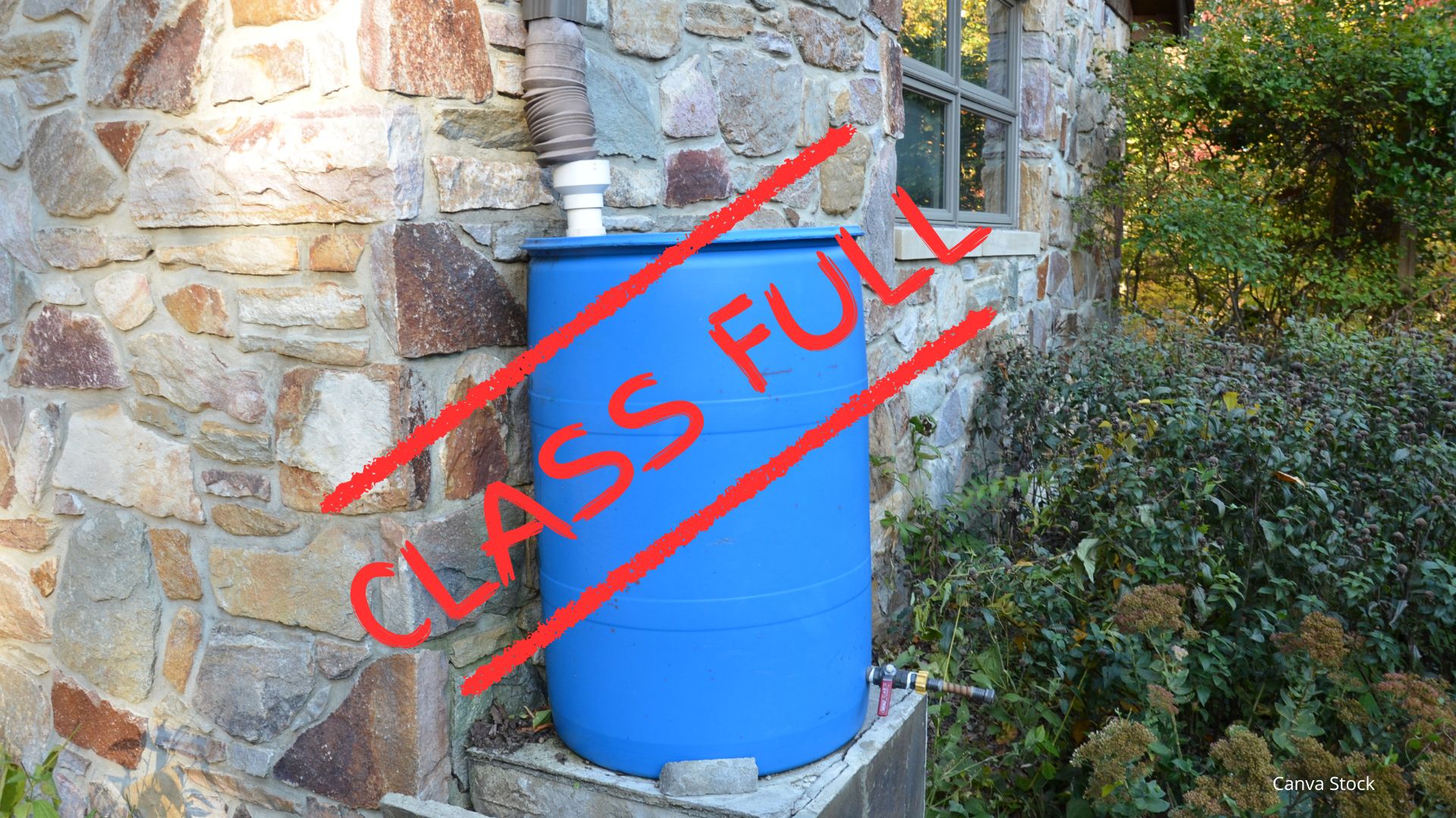 Photo of a rain barrel with Class Full overlay graphic.